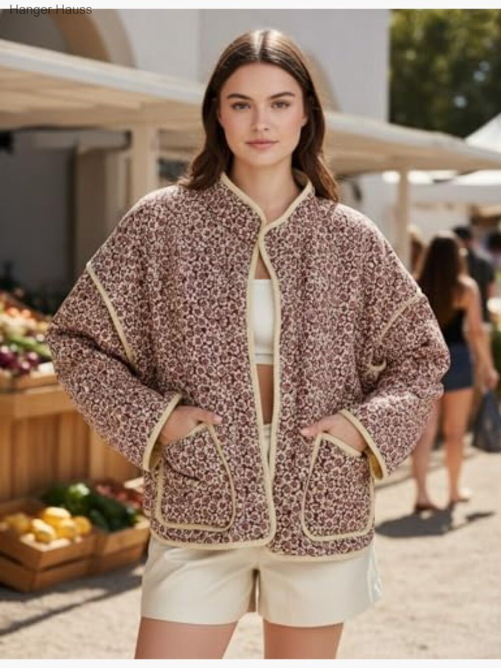 Lightweight Floral Quilted Cropped Puffer Jacket Button Down Winter Coat - Picture 3 of 7